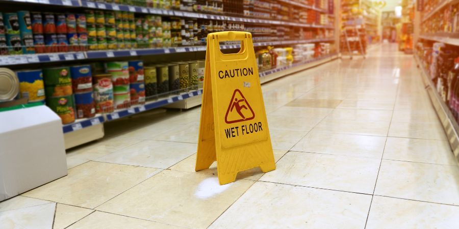 wet floor sign in a supermarket
