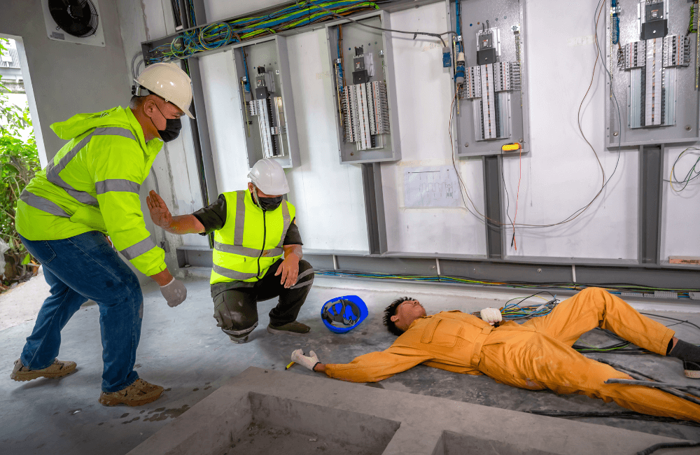 two construction workers helping a man who was electrocuted