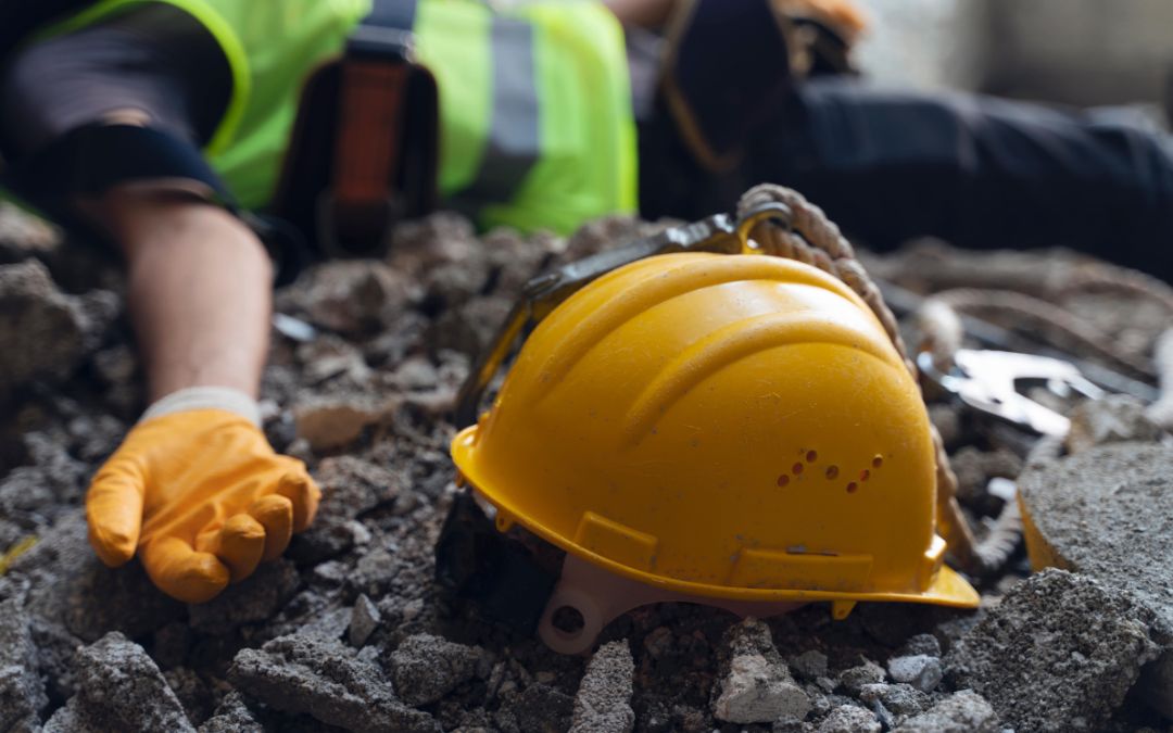 Construction worker laying on the ground next to helmet